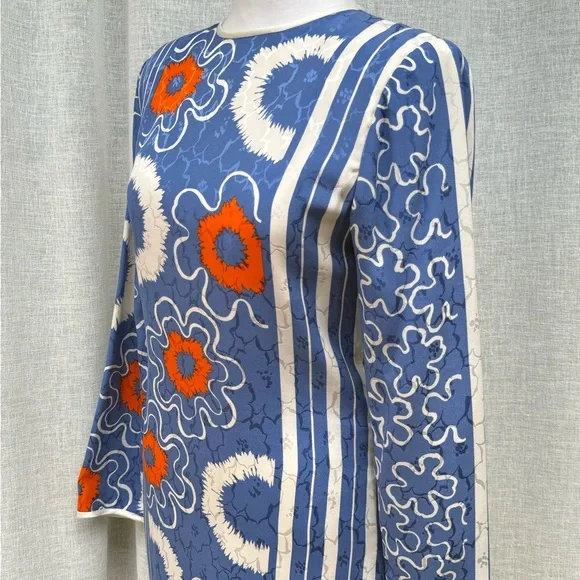 Vintage Long sleeve shift brocade blue orange silk mini dress - Picture 6 of 8